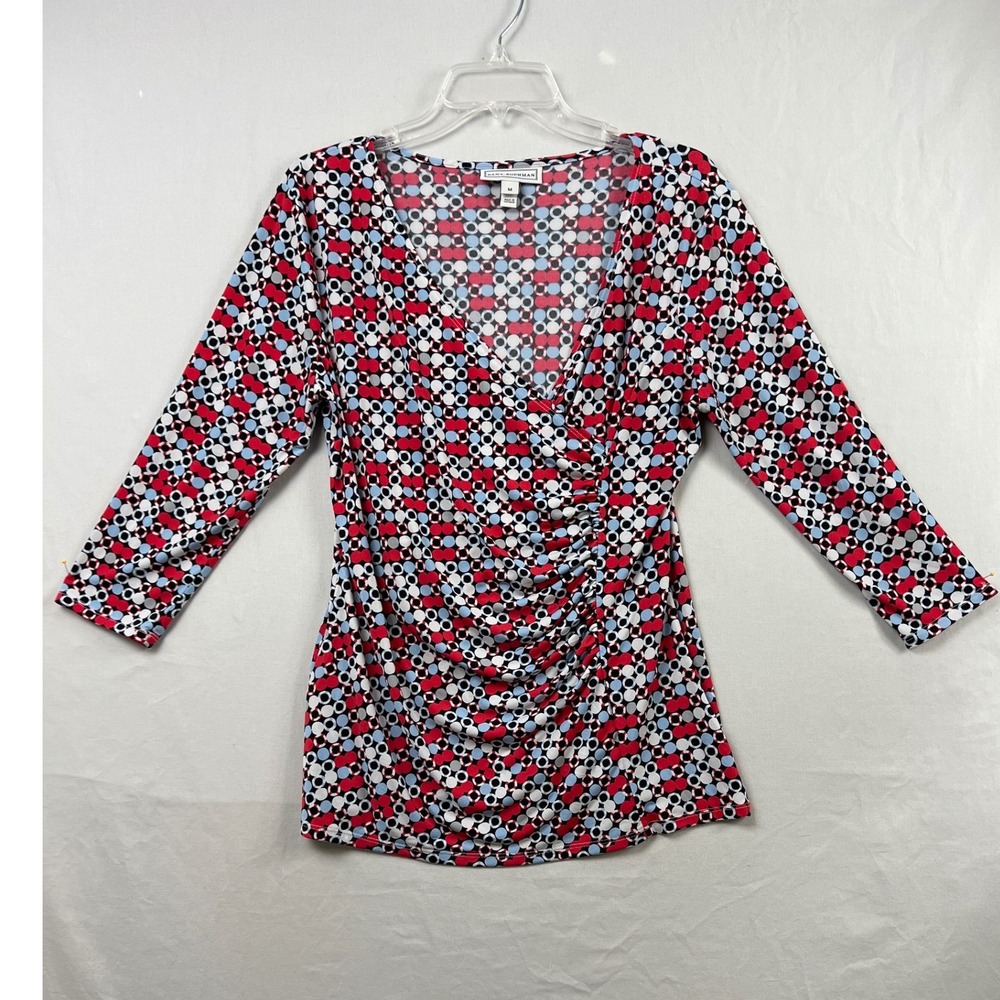 Dana Buchman Faux Wrap Top Women M Red Blue Geometric Ruched 3/4 Sleeve